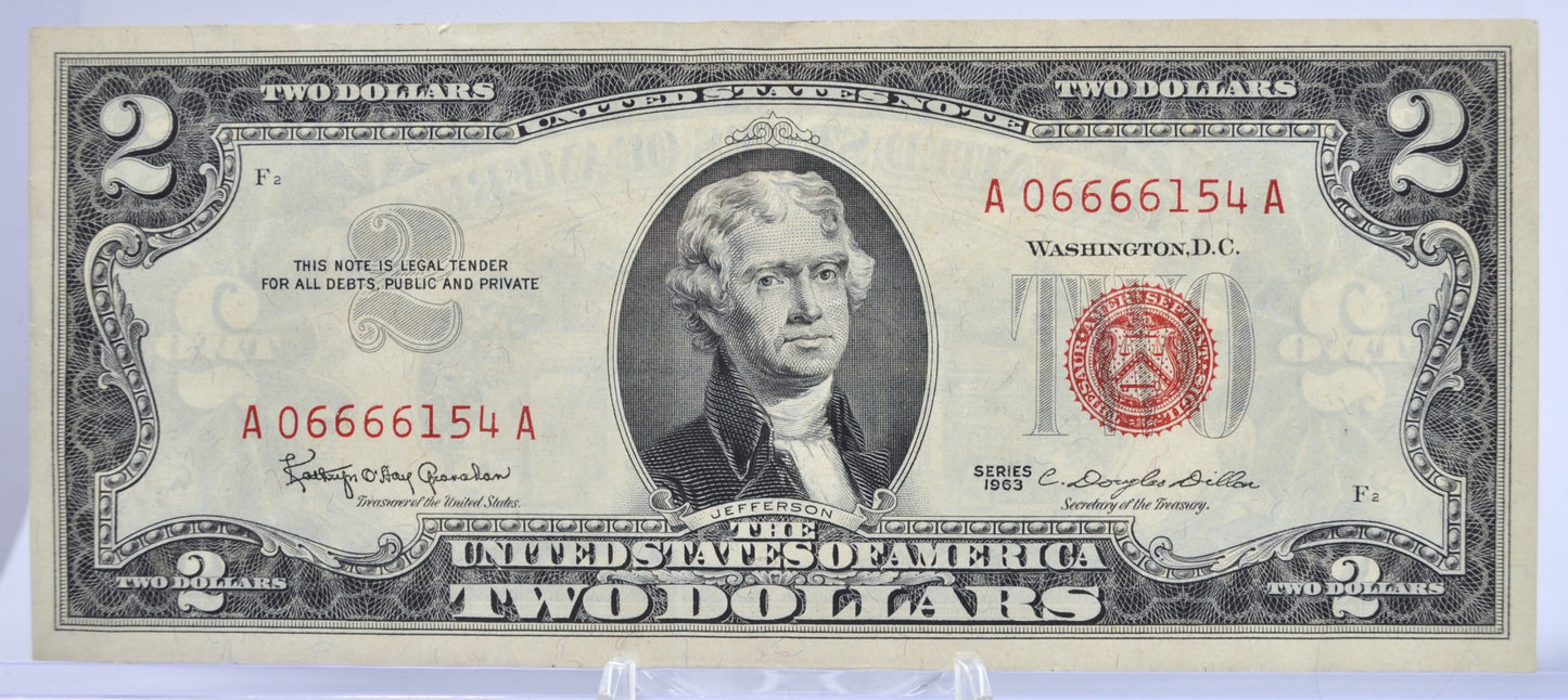1963 U.S. Legal Tender 2 Dollar Fancy Devil's Number Serial Number Note - 06666154 - 1963 Two Dollar Fancy Serial Red Seal Note - Fr#1513