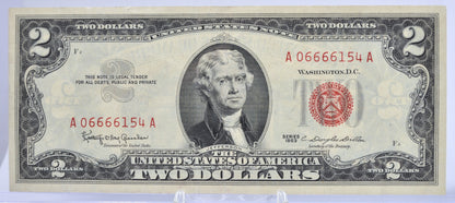 1963 U.S. Legal Tender 2 Dollar Fancy Devil's Number Serial Number Note - 06666154 - 1963 Two Dollar Fancy Serial Red Seal Note - Fr#1513