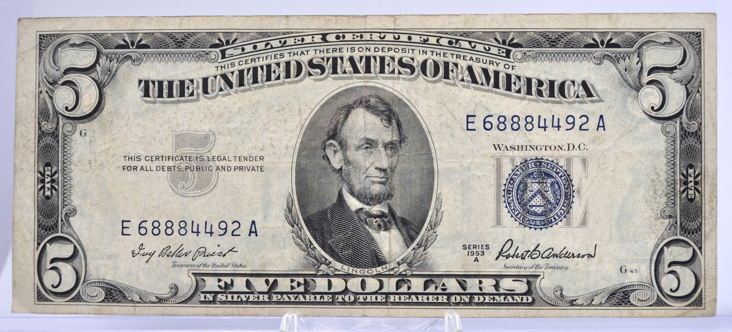 1953A Fancy Solid Repeater Serial Number 5 Dollar Silver Cert - 68884492 - 1953-A Blue Seal Five Dollars Note Cool Serial - Fr.1656