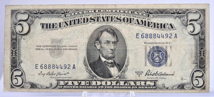 1953A Fancy Solid Repeater Serial Number 5 Dollar Silver Cert - 68884492 - 1953-A Blue Seal Five Dollars Note Cool Serial - Fr.1656