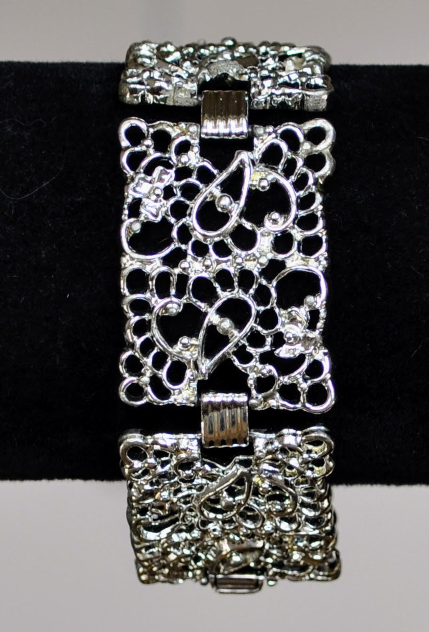 Elegant Emmons Silver Filigree Lace Panel Link Bracelet - 7" Total Length - Vintage 1950s Emmons Signed Filigree Silver Tone Link Bracelet