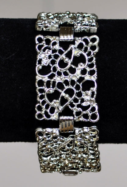 Elegant Emmons Silver Filigree Lace Panel Link Bracelet - 7" Total Length - Vintage 1950s Emmons Signed Filigree Silver Tone Link Bracelet