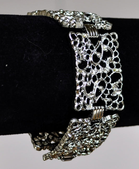 Elegant Emmons Silver Filigree Lace Panel Link Bracelet - 7" Total Length - Vintage 1950s Emmons Signed Filigree Silver Tone Link Bracelet