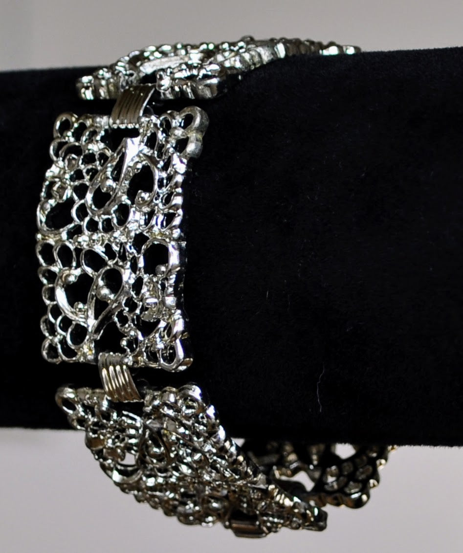 Elegant Emmons Silver Filigree Lace Panel Link Bracelet - 7" Total Length - Vintage 1950s Emmons Signed Filigree Silver Tone Link Bracelet