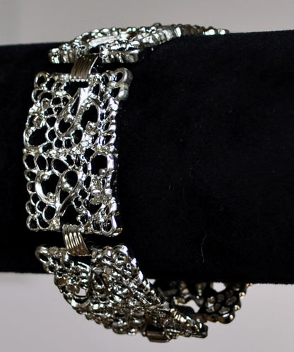Elegant Emmons Silver Filigree Lace Panel Link Bracelet - 7" Total Length - Vintage 1950s Emmons Signed Filigree Silver Tone Link Bracelet