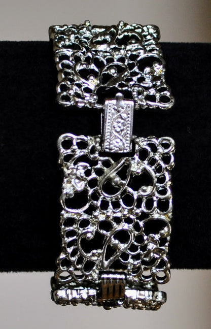 Elegant Emmons Silver Filigree Lace Panel Link Bracelet - 7" Total Length - Vintage 1950s Emmons Signed Filigree Silver Tone Link Bracelet