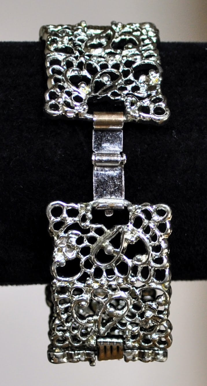 Elegant Emmons Silver Filigree Lace Panel Link Bracelet - 7" Total Length - Vintage 1950s Emmons Signed Filigree Silver Tone Link Bracelet
