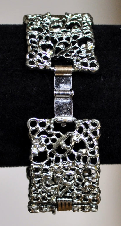 Elegant Emmons Silver Filigree Lace Panel Link Bracelet - 7" Total Length - Vintage 1950s Emmons Signed Filigree Silver Tone Link Bracelet