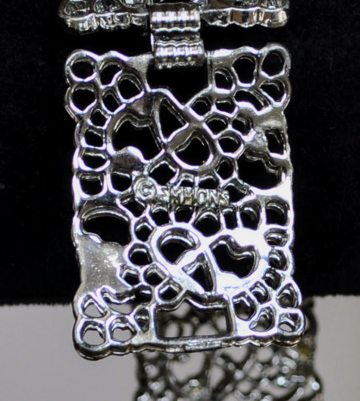 Elegant Emmons Silver Filigree Lace Panel Link Bracelet - 7" Total Length - Vintage 1950s Emmons Signed Filigree Silver Tone Link Bracelet