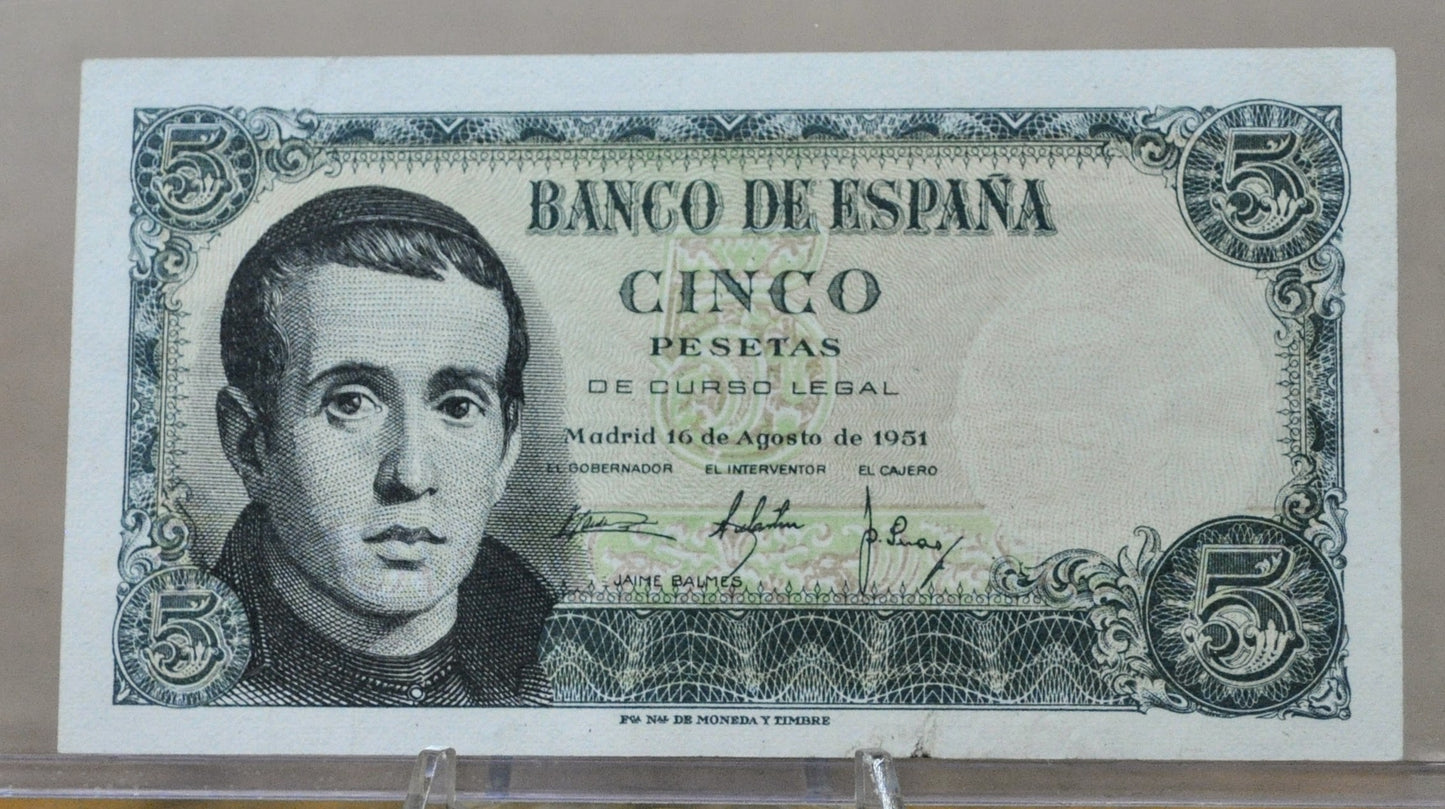 1951 Bank of Spain 5 Pesetas Bank Note - Jaime Balmes Type - Almost Uncirculated (AU) - 1951 Spanish Cinco Five Pesetas Note - P#140a