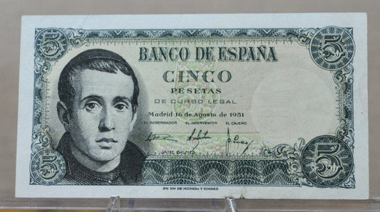 1951 Bank of Spain 5 Pesetas Bank Note - Jaime Balmes Type - Almost Uncirculated (AU) - 1951 Spanish Cinco Five Pesetas Note - P#140a