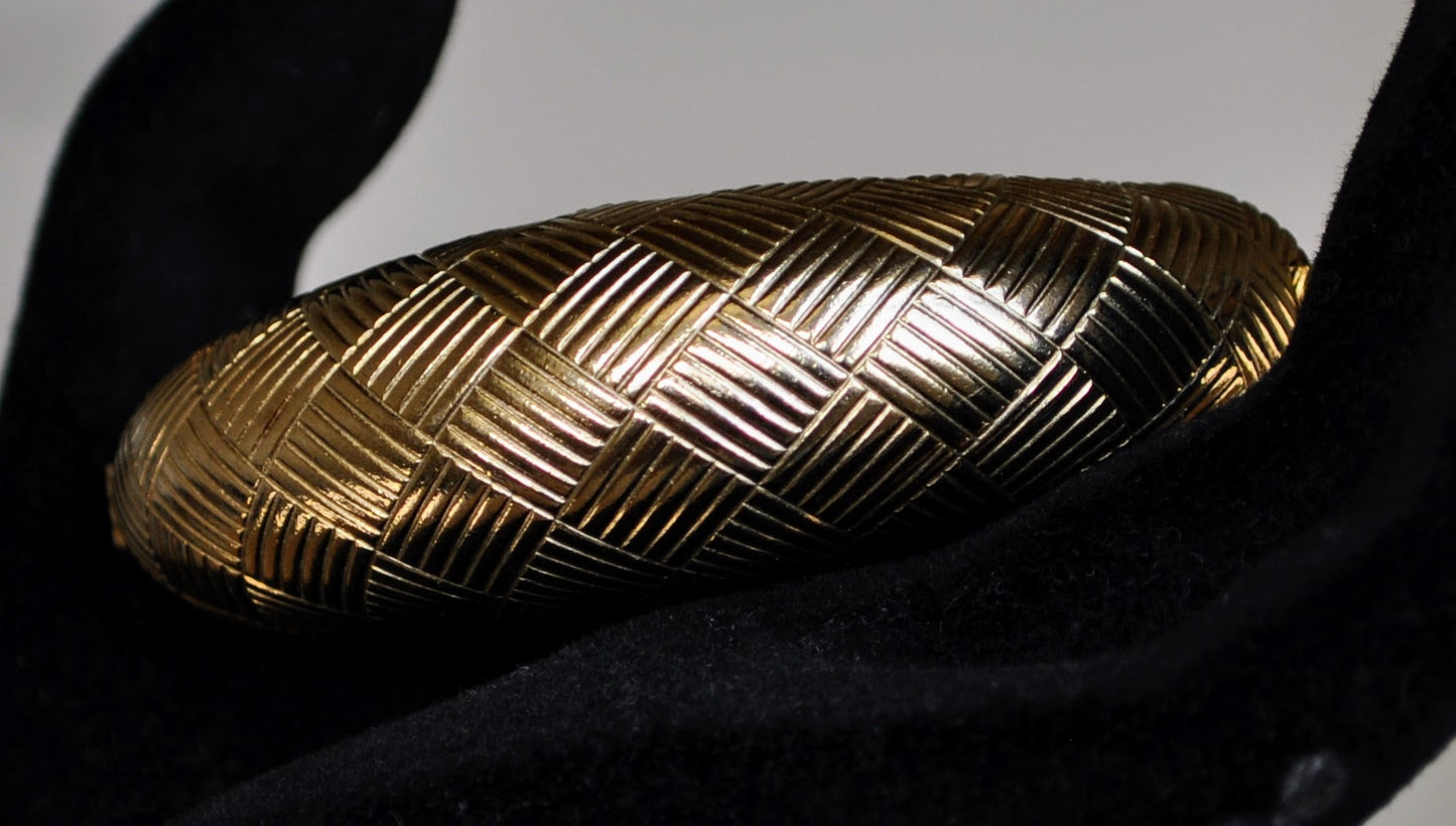 Stunning Coro Gold Tone Basketweave Double Hinged Bracelet - 7.5" Length - Vintage Coro Signed Patent Pending Cross Hatched Gold Bangle Cuff