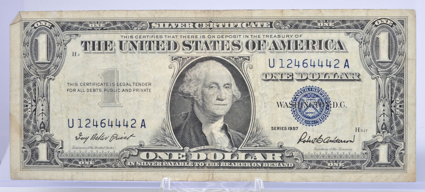 1957 Lucky 444 Fancy Serial Number 1 Dollar Silver Certificate - 12464442 - 1957 Blue Seal One Dollar Fancy Serial Bank Note - Fr#1619