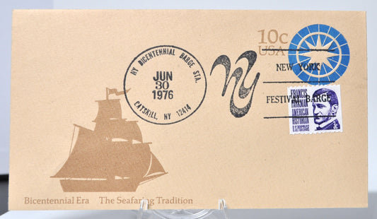 1976 "The Seafaring Tradition" New York Festival Barge Stationary - 10c Envelope & 3c Stamp - Bicentennial Era NY Barge Postal Cover