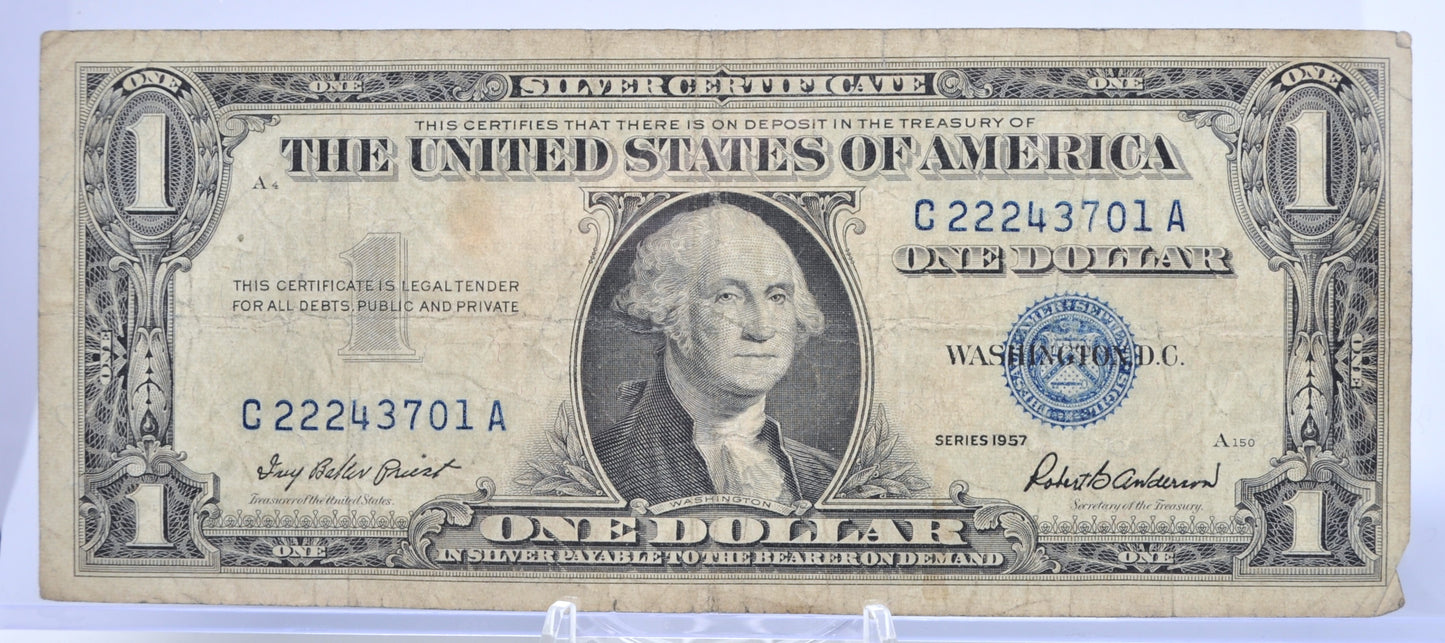 1957 Lucky 222 Fancy Serial Number 1 Dollar Silver Certificate - 22243701 - 1957 Blue Seal One Dollar Fancy Serial Bank Note - Fr#1619