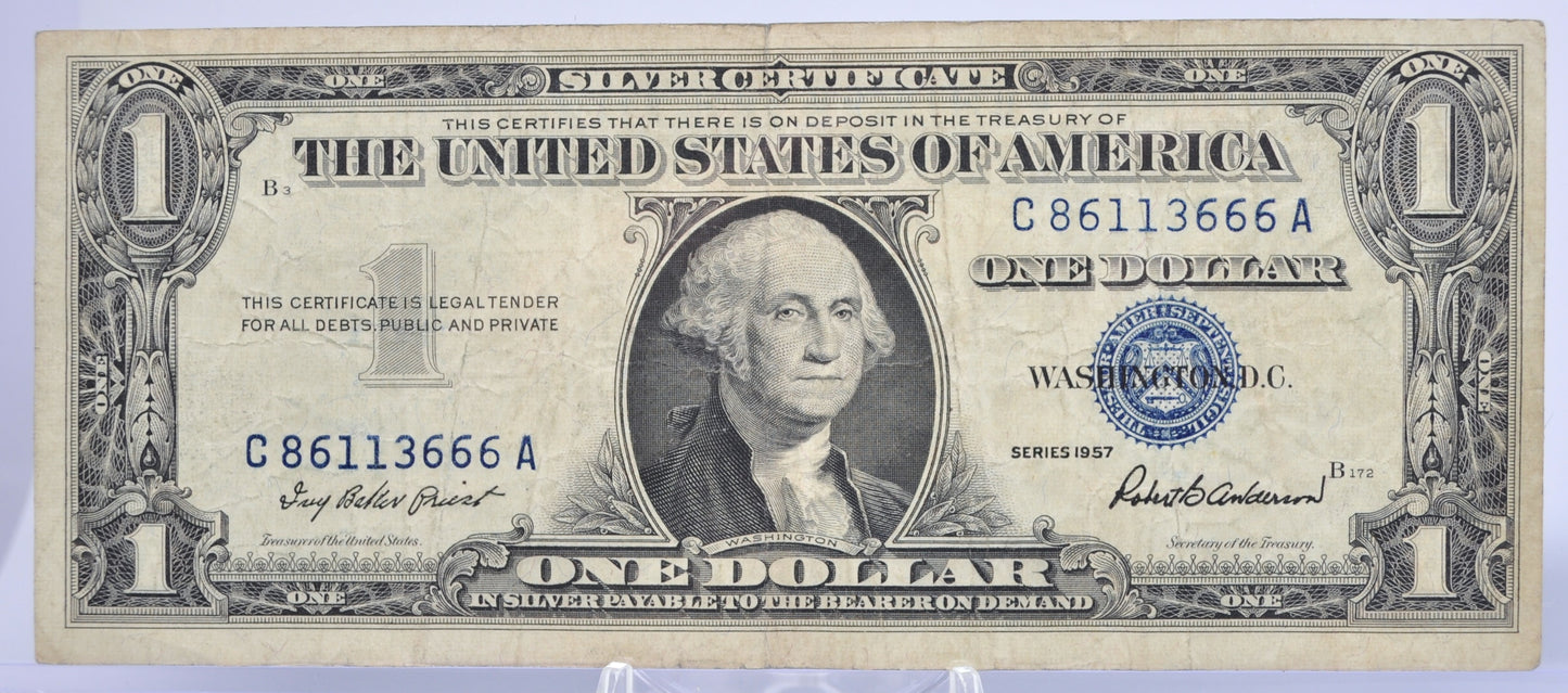 1957 Devil 666 Fancy Serial Number 1 Dollar Silver Certificate - 86113666 - 1957 Blue Seal One Dollar Devil's Serial Bank Note - Fr#1619