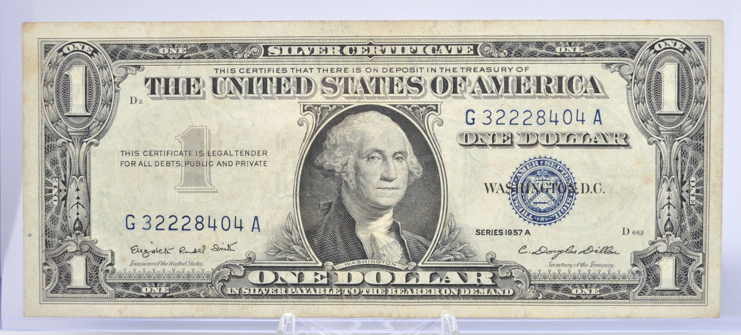1957A Lucky 222 Fancy Serial Number Silver Certificate 1 Dollar Note - 32228404 - 1957 A One Dollar Blue Seal Banknote - Fr#1620