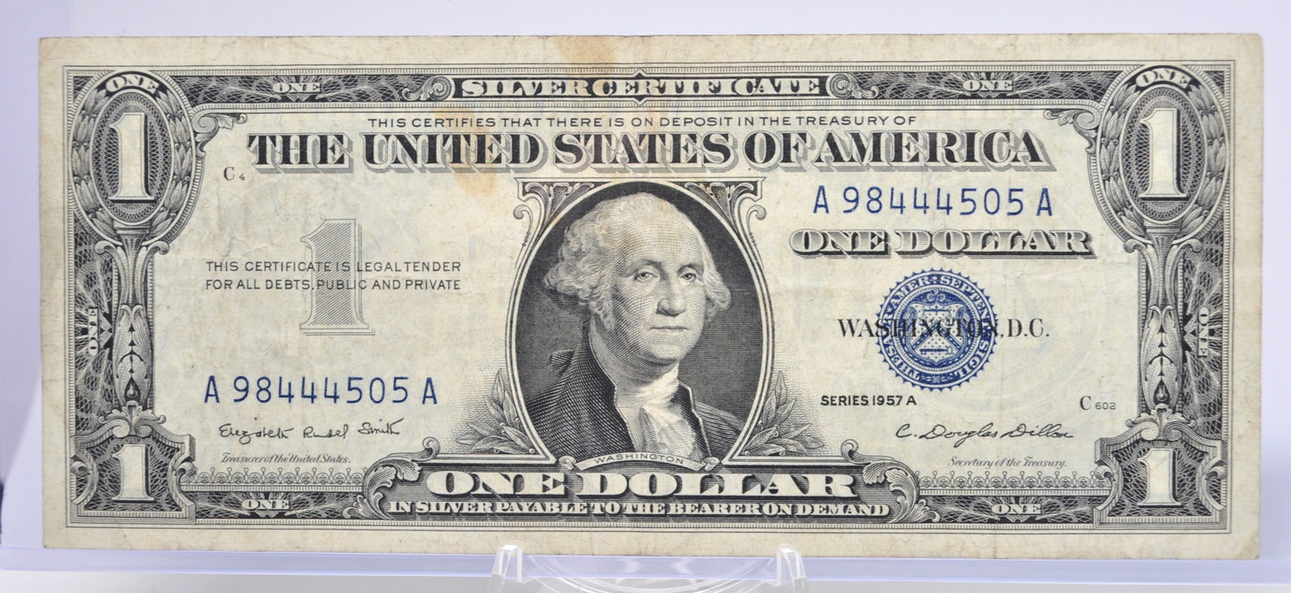 1957A Lucky 444 Fancy Serial Number Silver Certificate 1 Dollar Note - 98444505 - 1957 A One Dollar Blue Seal Banknote - Fr#1620