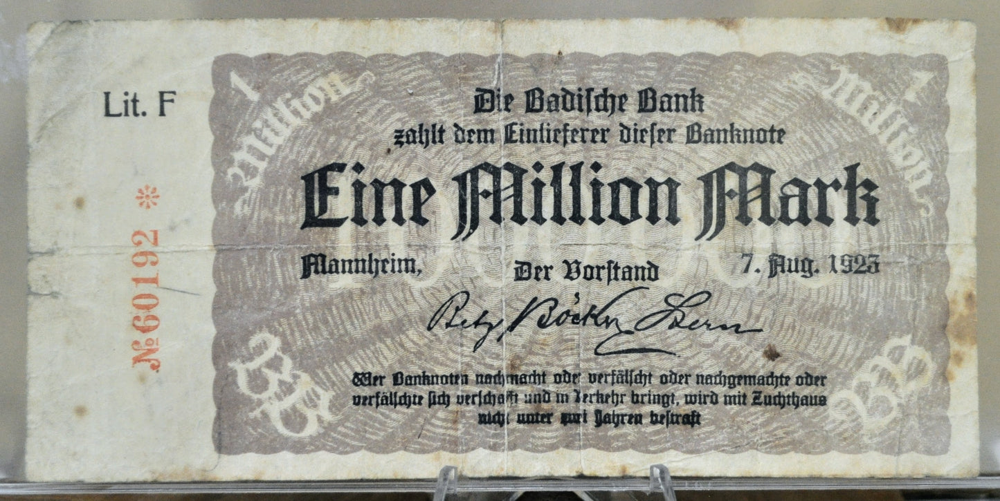 1923 Badische / Baden 1 Million Marks Notgeld - 5-digit Serial, Lit. F - High Denomination - 1923 German One Million Mark Note - P#S912