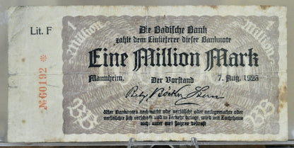 1923 Badische / Baden 1 Million Marks Notgeld - 5-digit Serial, Lit. F - High Denomination - 1923 German One Million Mark Note - P#S912