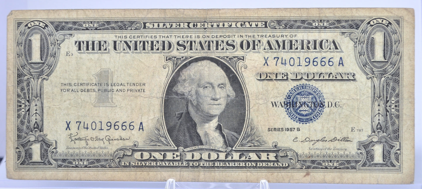1957B Fancy Trio Devil 666 Serial Number 1 Dollar Silver Certificate - 74019666 - 1957 B One Dollar Blue Seal Fancy Serial Note - Fr#1621