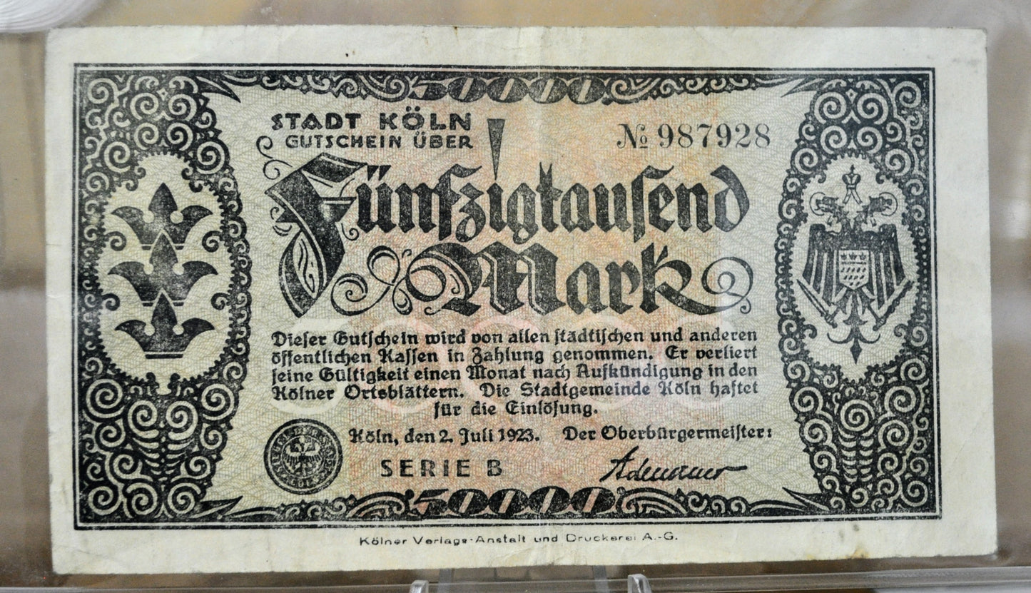 1923 Koln/ Cologne Germany 50,000 Marks Notgeld - Series B - Rarer High Denomination Emergency Inflation Note - 1923 German Fifty Thousand Mark Note