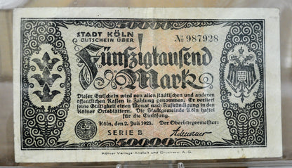 1923 Koln/ Cologne Germany 50,000 Marks Notgeld - Series B - Rarer High Denomination Emergency Inflation Note - 1923 German Fifty Thousand Mark Note