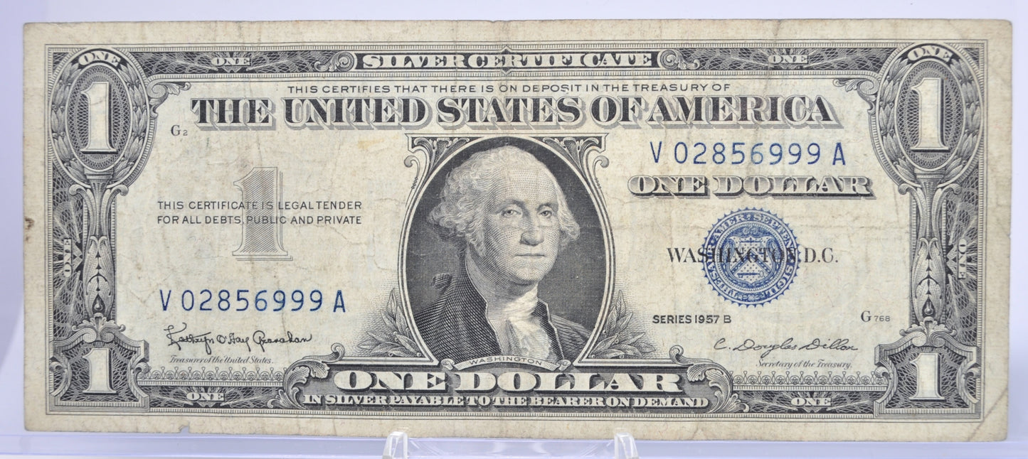 1957B Fancy Trio Lucky Serial Number 1 Dollar Silver Certificate - 02856999 - 1957 B One Dollar Blue Seal Fancy Serial Note - Fr#1621