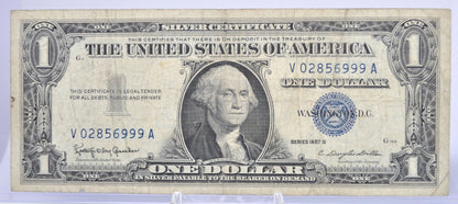 1957B Fancy Trio Lucky Serial Number 1 Dollar Silver Certificate - 02856999 - 1957 B One Dollar Blue Seal Fancy Serial Note - Fr#1621