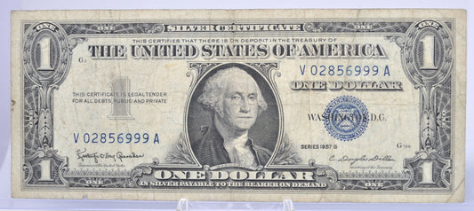 1957B Fancy Trio Lucky Serial Number 1 Dollar Silver Certificate - 02856999 - 1957 B One Dollar Blue Seal Fancy Serial Note - Fr#1621