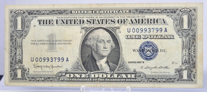 1957 B Low Fancy Duo Repeater Serial Number 1 Dollar Silver Certificate - 00993799 - 1957B One Dollar Blue Seal Cool Serial Note - Fr#1621