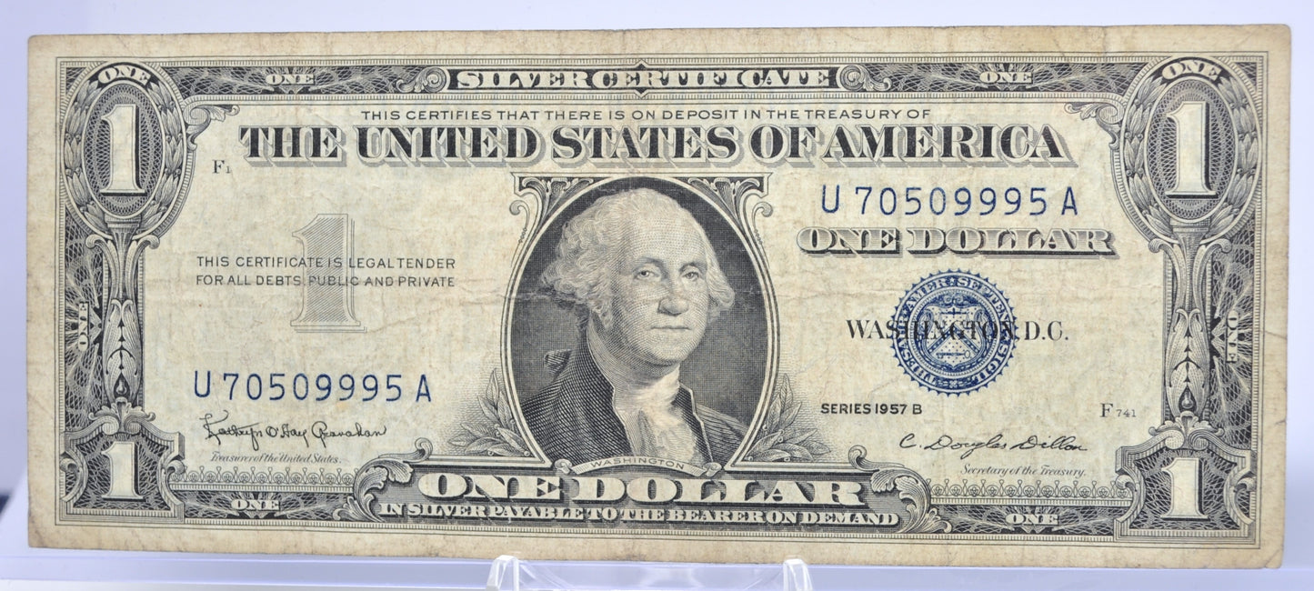 1957B Fancy Trio Lucky Serial Number 1 Dollar Silver Certificate - 70509995 - 1957 B One Dollar Blue Seal Fancy Serial Note - Fr#1621