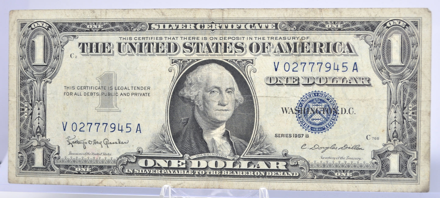 1957B Fancy Lucky 777 Serial Number Silver Certificate - 02777945 - 1957 B One Dollar Blue Seal Fancy Serial Note - Fr#1621