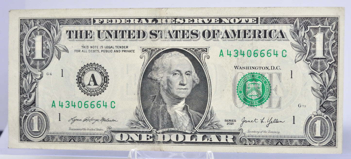 2021 Fancy Devil 666 Serial Number 1 Dollar Note - 43406664 - Boston (A) Issue - 2021 One Dollar Cool Serial Number Note - Fr.3008-A