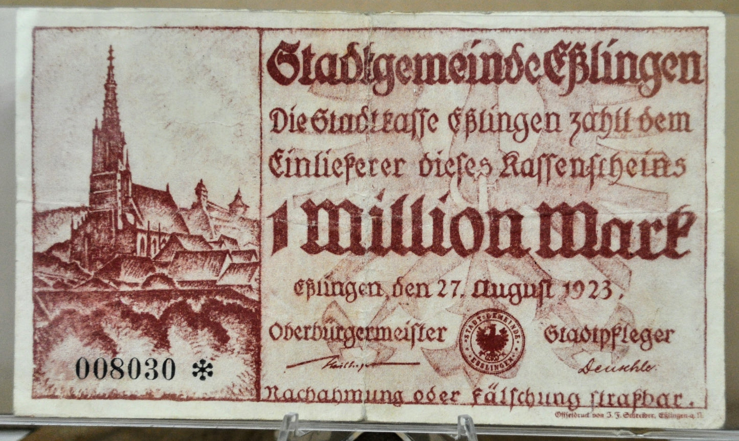 1923 Esslingen Germany 1 Million Marks Notgeld - Rarer High Denomination Emergency Inflation Note - 1923 German One Million Mark Note