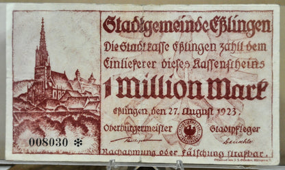 1923 Esslingen Germany 1 Million Marks Notgeld - Rarer High Denomination Emergency Inflation Note - 1923 German One Million Mark Note