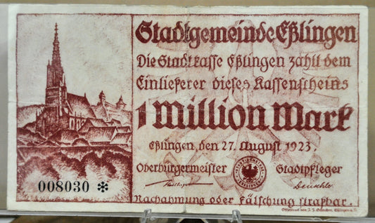 1923 Esslingen Germany 1 Million Marks Notgeld - Rarer High Denomination Emergency Inflation Note - 1923 German One Million Mark Note