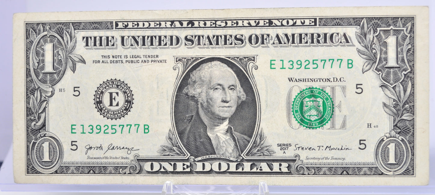 2017A Fancy Repeater Lucky 777 Serial 1 Dollar Note - 13925777 - Richmond (E) Issue - 2017 A One Dollar Cool Serial Number Note - Fr.3006-E