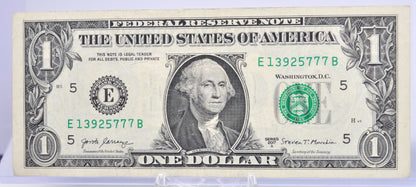 2017A Fancy Repeater Lucky 777 Serial 1 Dollar Note - 13925777 - Richmond (E) Issue - 2017 A One Dollar Cool Serial Number Note - Fr.3006-E