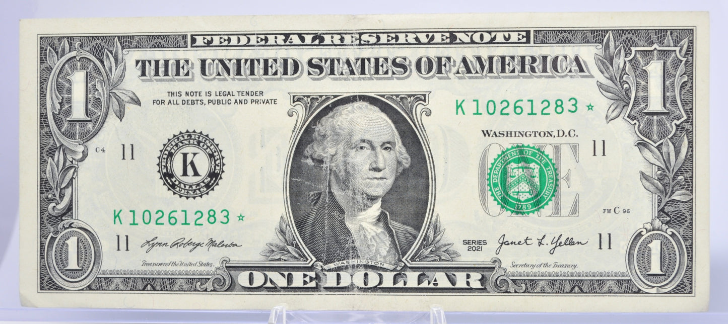 2021 1 Dollar Federal Reserve Star Note - Almost Uncirculated (AU) - Dallas, TX (K) Issue - 2021 One Dollar Star Note - Fr.3007-K*