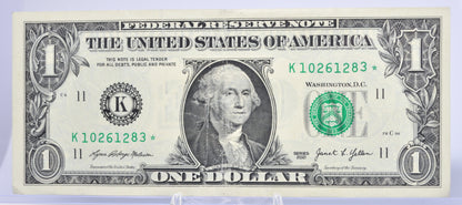 2021 1 Dollar Federal Reserve Star Note - Almost Uncirculated (AU) - Dallas, TX (K) Issue - 2021 One Dollar Star Note - Fr.3007-K*