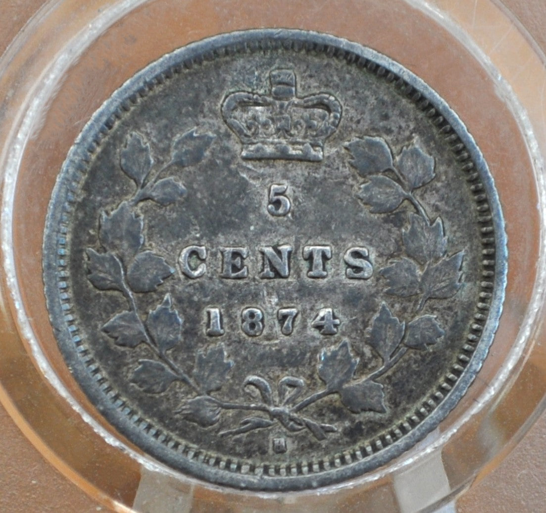 1874 Canadian Silver 5 Cent Coin - F+ (Fine to Very Fine) Grade - Queen Victoria Canada 5 Cent Sterling Silver 1874, Low Mintage Date