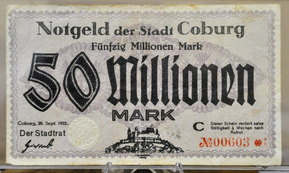 1923 Coburg Germany 50 Millionen Marks Notgeld - Rarer High Denomination Emergency Inflation Note - 1923 German Fifty Million Mark Note