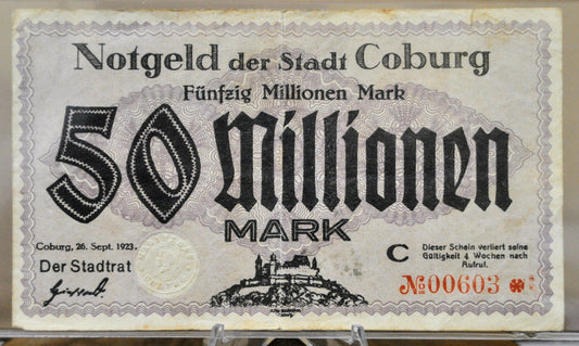 1923 Coburg Germany 50 Millionen Marks Notgeld - Rarer High Denomination Emergency Inflation Note - 1923 German Fifty Million Mark Note