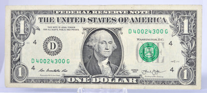 2013 Fancy Repeating Pattern Serial Number 1 Dollar Banknote - 40024300 - 2013 One Dollar Fancy Serial Note - Fr.3001-D
