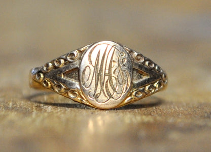 Victorian 10KT Gold Baby Sized Signet Ring - Size 0.75 - Stamped 10K - Initials "MAS" - Antique 10K Gold Dainty Infant Initials Signet Ring
