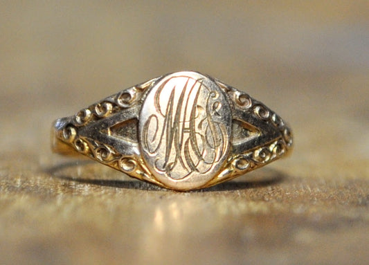 Victorian 10KT Gold Baby Sized Signet Ring - Size 0.75 - Stamped 10K - Initials "MAS" - Antique 10K Gold Dainty Infant Initials Signet Ring