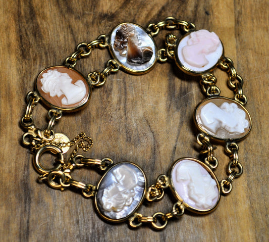 Beautiful 12KT Gold Filled Curtis Creations Cameo Bracelet - 8" Length - 1950s Curtis Creations Gold Vertical Cameos Bracelet