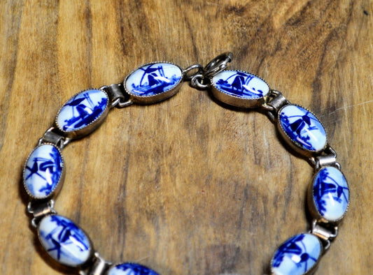 Stunning Sterling Silver Delft Porcelain Windmill Tennis Bracelet - 7.5" Length - Vintage Sterling 925 Windmill Delft Porcelain Bracelet