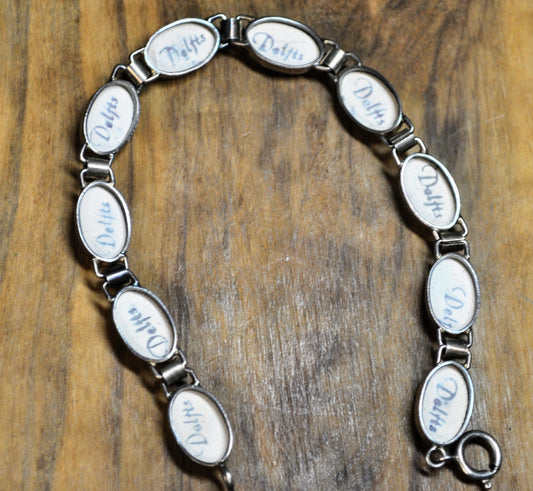 Stunning Sterling Silver Delft Porcelain Windmill Tennis Bracelet - 7.5" Length - Vintage Sterling 925 Windmill Delft Porcelain Bracelet